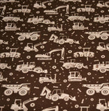 Baumwolljersey "Ronny" mit Baustellenfahrzeugen - Bagger, Radlader, Raupe, Kipper auf braunem Hintergrund