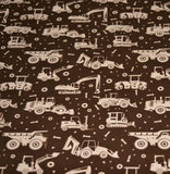 Reststück: Baumwolljersey "Ronny" mit Baustellenfahrzeugen - Bagger, Radlader, Raupe, Kipper auf braunem Hintergrund; ca. 0,7m