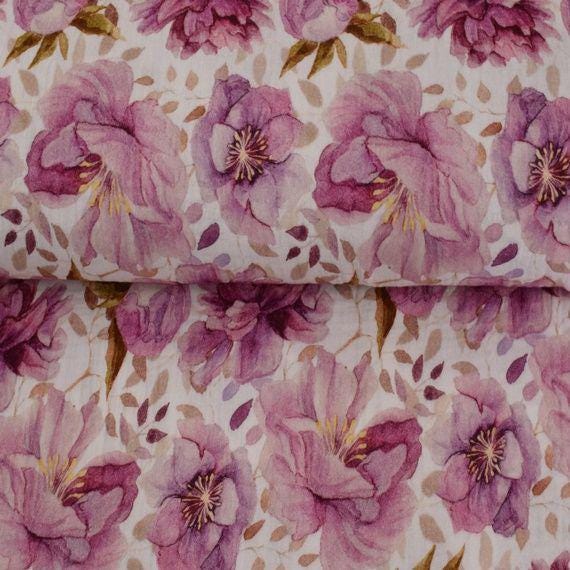 Baumwoll Musselin Stoff  weiß, altrosa Blumen