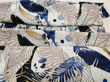 Baumwoll Musselin Stoff  "Indigo Leaves" blaue, goldene Wedel und Blätter auf weiß
