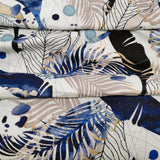 Baumwoll Musselin Stoff  "Indigo Leaves" blaue, goldene Wedel und Blätter auf weiß