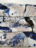 Baumwoll Musselin Stoff  "Indigo Leaves" blaue, goldene Wedel und Blätter auf weiß