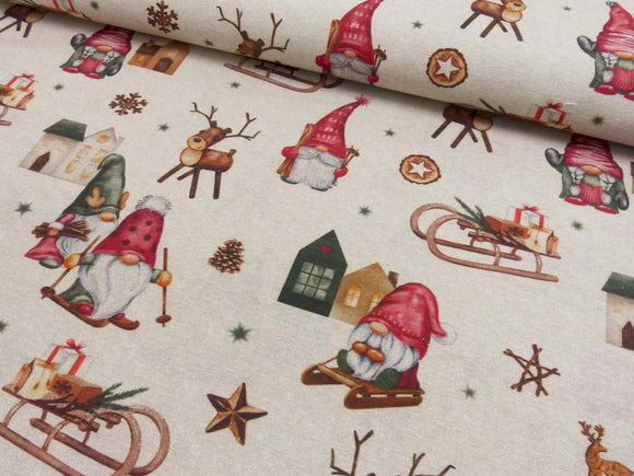 Reststücke Deko Stoff Druck Weihnachten Wichtel Schlitten Häuser Sterne Rehe; ca. 0,5m
