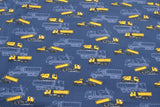 Reststück + Sale%: Baumwolljersey Stoff Druck Containerfahrzeuge/Baustellenfahrzeuge dunkelblau "Load of Fun" | KATINOH; ca. 2m