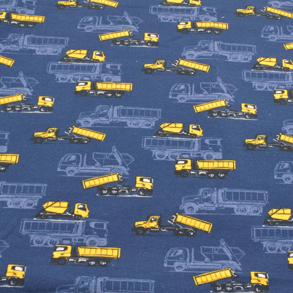 Reststück + Sale%: Baumwolljersey Stoff Druck Containerfahrzeuge/Baustellenfahrzeuge dunkelblau 