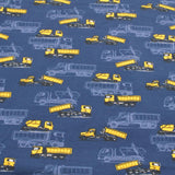 Reststück + Sale%: Baumwolljersey Stoff Druck Containerfahrzeuge/Baustellenfahrzeuge dunkelblau "Load of Fun" | KATINOH; ca. 2m