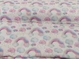 Baumwoll Musselin Stoff "Regenbogen" weiß mit pastellfarbenen Regenbögen und Wolken | Fräulein von Julie
