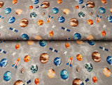 French-Terry Stoff Weltraum mit Raketen, Shuttles, Satelliten und Planeten auf grau | designed by POPPY Europe
