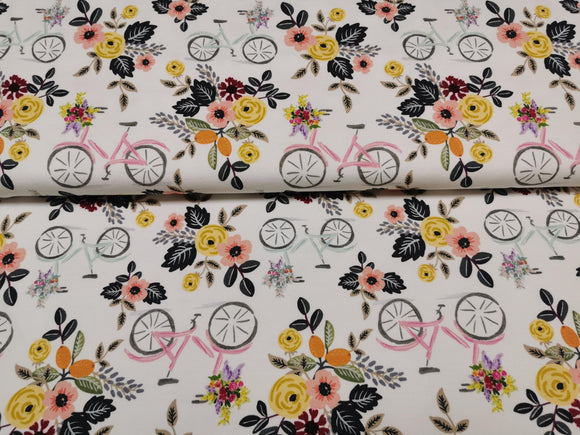 French Terry Stoff rosa farbenes Fahrrad und gelbe Blumen, weiß | Fräulein von Julie
