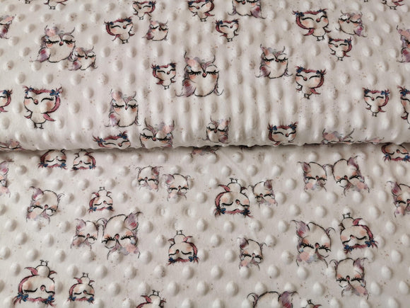 Minky Fleece Stoff weiß mit kleinen Eulen
