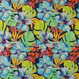Viskosejersey Stoff - hellblaue und orangene Blüten, grüne Blätter auf dunkelblau