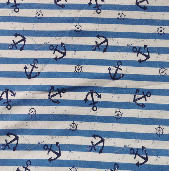 French Terry Stoff Druck Vintage blaue Anker, maritim blau/creme gestreift