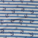 French Terry Stoff Druck Vintage blaue Anker, maritim blau/creme gestreift