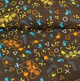 Reststück: Baumwolljersey Stoff Controller, Gamer, zocken schwarz neon | Julie Kids Fashion; ca. 1,4m