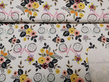 French Terry Stoff rosa farbenes Fahrrad und gelbe Blumen, weiß | Fräulein von Julie