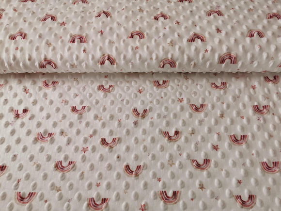 Minky Fleece Stoff weiß mit Regenbögen und Sternen