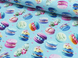 Baumwoll Jersey Stoff Digital Druck "Macarons" auf hellblau