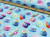 Baumwoll Jersey Stoff Digital Druck "Macarons" auf hellblau