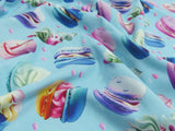 Baumwoll Jersey Stoff Digital Druck "Macarons" auf hellblau