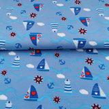 Baumwolljersey Druck Segelboote Anker und Herzen auf blauem Hintergrund | Fräulein von Julie
