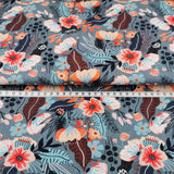 Baumwolljersey Stoff Druck - orangene Blumen, kleine Marienkäfer, grauer Hintergrund | Premium Collection