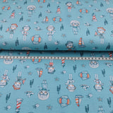 Baumwolljersey Druck "Sommer am Meer" Kinder, Segelboote, Heringe, Möwen, Leuchttürme, Seesterne und Muscheln