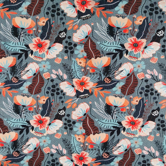 Baumwolljersey Stoff Druck - orangene Blumen, kleine Marienkäfer, grauer Hintergrund | Premium Collection