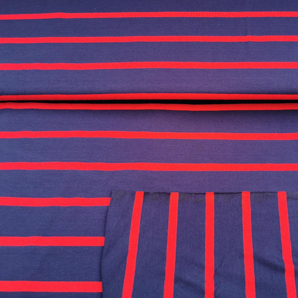 Viskosejersey Stoff blau mit roten Streifen (1cm)