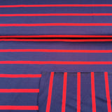 Viskosejersey Stoff blau mit roten Streifen (1cm)