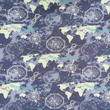 French Terry Stoff Druck - "Landscape" Landkarte in grün und grau Tönen, Achterknoten und Kompass | Premium Collection