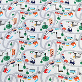 Jersey Stoff "Eisenbahn" rote und schwarze Dampfzüge auf Schienen