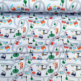 Jersey Stoff "Eisenbahn" rote und schwarze Dampfzüge auf Schienen