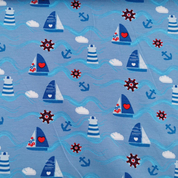 Baumwolljersey Druck Segelboote Anker und Herzen auf blauem Hintergrund | Fräulein von Julie