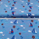 Baumwolljersey Druck Segelboote Anker und Herzen auf blauem Hintergrund | Fräulein von Julie