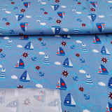 Baumwolljersey Druck Segelboote Anker und Herzen auf blauem Hintergrund | Fräulein von Julie