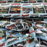 French Terry Stoff Druck "Adventure" Kacheln mit Comic Camping und Outdoor Motiven