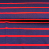 Viskosejersey Stoff blau mit roten Streifen (1cm)