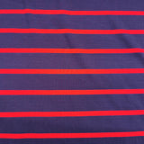 Viskosejersey Stoff blau mit roten Streifen (1cm)