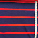 Viskosejersey Stoff blau mit roten Streifen (1cm)