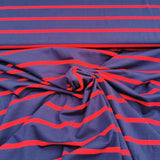 Viskosejersey Stoff blau mit roten Streifen (1cm)