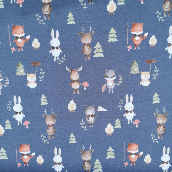 French Terry Druck kleine Waldtiere Hase, Bär, Fuchs, Hirsch auf dunklem Hintergrund | Fräulein von Julie
