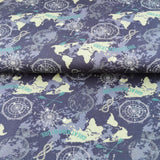 French Terry Stoff Druck - "Landscape" Landkarte in grün und grau Tönen, Achterknoten und Kompass | Premium Collection