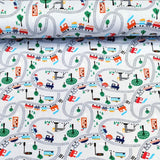 Jersey Stoff "Eisenbahn" rote und schwarze Dampfzüge auf Schienen